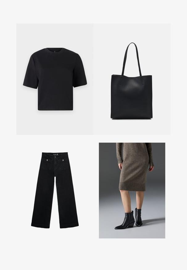 Černé tričko s krátkým rukávem, kulatým výstřihem, vyrobené z hladké bavlněné tkaniny; volný střih, minimalistický design, žádné viditelné vzory nebo akcenty.; Černé široké džíny s vysokým pasem, obsahující dvě přední kapsy a kovové knoflíkové detaily. Látka má hladkou texturu.; Černé kožené kotníkové boty se špičatou špičkou, masivním podpatkem a detaily cik-cak prošívání, v kombinaci s hnědou pletenou šaty s žebrováním.; Černá kožená taška přes rameno s hladkým povrchem, obdélníkovým tvarem a dvěma dlouhými uchy. Žádné viditelné kování ani ozdoby.