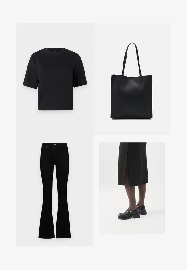 Svart T-skjorte med korte ermer, rund hals, laget av glatt bomullsstoff; løs passform, minimalistisk design, ingen synlige mønstre eller detaljer.; Sorte høytlivsjeans med knapp og glidelås, frontlommer og utsvingte bein liggende flatt på en hvit bakgrunn.; Sorte lærersko med rund tå, tykk blokkheel og elastiske sideaksenter, sammen med mørke strømpebukser og et svart skjørt med splitt.; Svart lær tote bag med glatt tekstur, rektangulær form og to lange håndtak. Ingen synlige deler eller dekorasjoner.