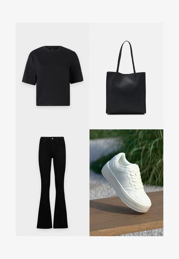 Black short-sleeve t-shirt, round neckline, made from smooth cotton fabric; relaxed fit, minimal design, no visible patterns or accents.; Black high-waist jeans with a button and zip closure, front pockets, and flared legs laid flat on a white background.; White leather sneaker with flat sole, rounded toe, and perforated accents. Features a lace-up front and minimalistic design on a wooden surface.; Black leather tote bag with smooth texture, rectangular shape, and two long handles. No visible hardware or embellishments.