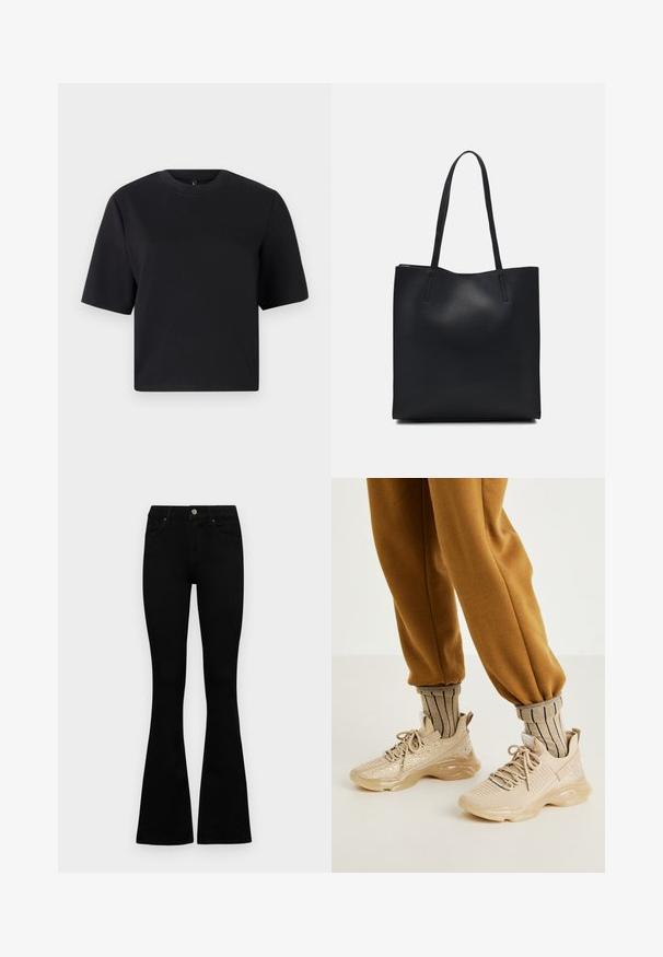 Czarny t-shirt z krótkim rękawem, okrągły dekolt, wykonany z gładkiej bawełnianej tkaniny; luźny krój, minimalistyczny design, bez widocznych wzorów czy akcentów.; Czarne, wysokie dżinsy z guzikem i zamkiem błyskawicznym, z przednimi kieszeniami i rozszerzanymi nogawkami, leżące płasko na białym tle.; Beżowe buty sportowe z siateczkową cholewką, ozdobnymi błyskotkami i grubą gumową podeszwą. W zestawie z beżowymi skarpetami w paski i brązowymi spodniami dresowymi.; Czarna skórzana torba tote o gładkiej fakturze, prostokątnym kształcie i dwóch długich uchwytach. Brak widocznych elementów metalowych i ozdób.