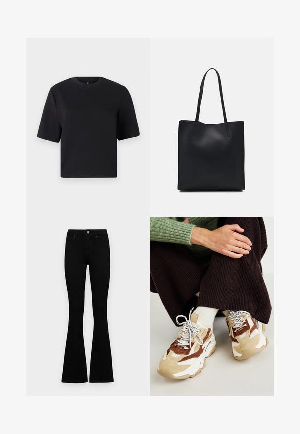 Čierne tričko s krátkym rukávom, okrúhly výstrih, vyrobené z hladkej bavlnenej látky; voľný strih, minimalistický dizajn, žiadne viditeľné vzory ani akcenty.; Čierne vysoké nohavice s gombíkom a zipsom, predné vrecká a rozšírené nohavice položené na bielom pozadí.; Steve Madden POSSESSIONE - Tenisky - brown/sand; Čierna kožená taška na rameno s hladkým povrchom, obdĺžnikovým tvarom a dvoma dlhými uchami. Bez viditeľného kovania alebo ozdôb.