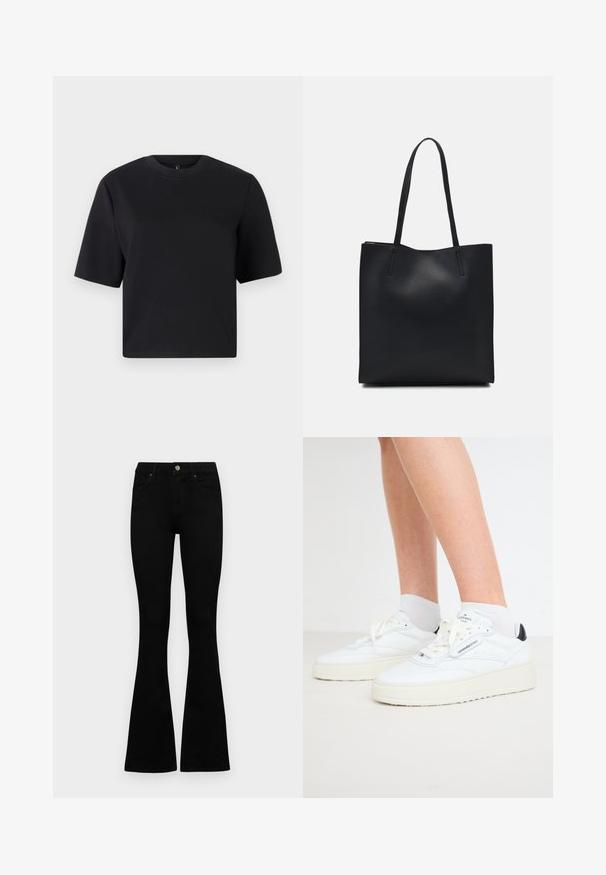 Schwarzes T-Shirt mit kurzen Ärmeln, runder Halsauschnitt, aus glattem Baumwollstoff; lockere Passform, minimales Design, keine sichtbaren Muster oder Akzente.; Schwarze hochtaillierte Jeans mit einem Knopf- und Reißverschluss, Fronttaschen und ausgestellten Beinen, flach auf einem weißen Hintergrund ausgelegt.; Weiße Leder-Sneaker mit niedrigem Design, strukturierten Akzenten, erhöhter weißer Sohle und schwarzem Fersendetail. Getragen mit grauen Knöchelsocken.; Schwarze Laptoptasche aus Leder mit glatter Textur, rechteckiger Form und zwei langen Griffen. Keine sichtbaren Beschläge oder Verzierungen.