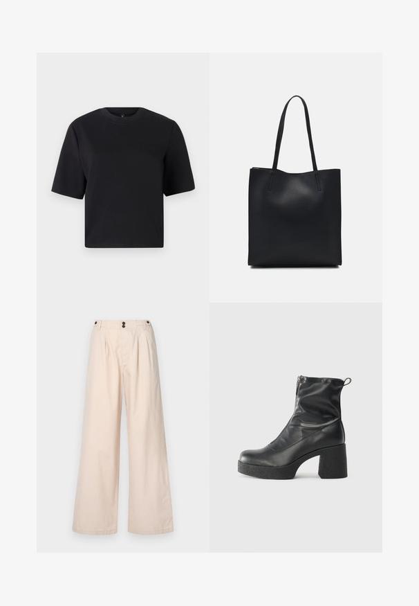 Schwarzes T-Shirt mit kurzen Ärmeln, runder Halsauschnitt, aus glattem Baumwollstoff; lockere Passform, minimales Design, keine sichtbaren Muster oder Akzente.; Beige weite Hosen aus Baumwolle mit hoher Taille, zwei vorderen Falten und zwei braunen Knöpfen am Bund.; Schwarze Stiefeletten aus glattem Leder mit seitlichem Reißverschluss, klobigem strukturiertem Absatz und runder Zehenform.; Schwarze Laptoptasche aus Leder mit glatter Textur, rechteckiger Form und zwei langen Griffen. Keine sichtbaren Beschläge oder Verzierungen.