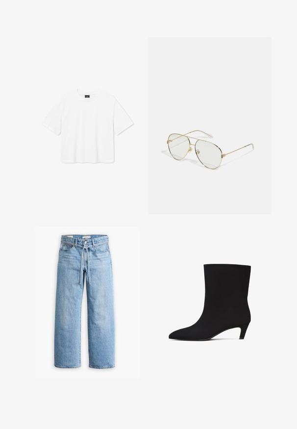 Bílý zkrácený tričko vyrobené z bavlny, s kulatým výstřihem a krátkými rukávy. Jednoduchý design bez vzorů nebo akcentů.; Světle modré džínové široké kalhoty s vysokým pasem, zapínáním na knoflík a zip, a šňůrkou v pase. Obroušené zakončení.; Černé kotníkové boty s hladkým, jemným povrchem, špičatou špičkou a nízkým podpátkem. Bezšvový design bez viditelného kovového zpracování nebo vzorů.; Gucci Sluneční brýle - gold