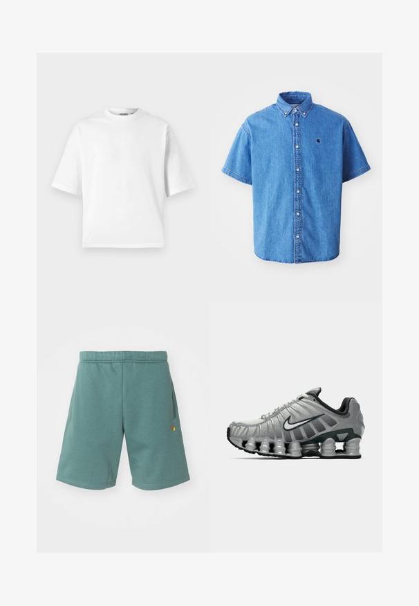 Hvit kortermet t-skjorte laget av bomull. Har en klassisk rund hals og avslappet passform med en jevn tekstur. Ingen mønstre eller detaljer.; Kortermet denimskjorte i lyseblå med knapp-down krage, som har et brystlogo og merkbare sømdetaljer.; Korte i bomullsblanding i teal-farge med elastisk midjebånd, sidelommer og en liten gull-logo på nedre del av beinet.; Grå og svart Nike løpesko med synlig fjærlignende demping under sålen og en hvit swoosh-logo på siden.