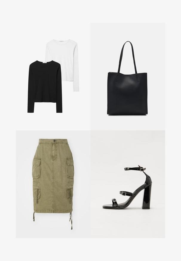 Črno-beli dolg rokav t-shirti z okroglimi izrezi, mehkim blagom in prilegajočim dizajnom z ravnimi robovi.; Alpha Industries MULTIPOCKET SKIRT - Krilo iz džinsa - olive; Črne lakirane sandale s peto, kvadratnim prstom, trakovi okrog gležnja in srebrnimi zaponkami. Opremljene so s stabilno Debelo peto.; Črna usnjena torba s svilnato teksturo, pravokotne oblike in dvema dolgima ročajema. Brez vidnih metalnih delov ali okrasnih elementov.