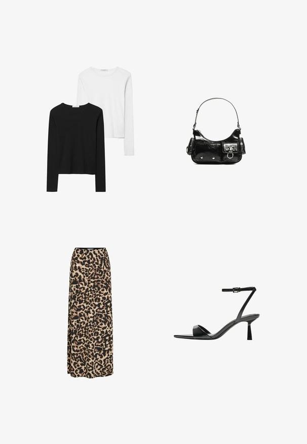 Zwart-witte t-shirts met lange mouwen, met ronde halslijnen, zachte stof en een aansluitend ontwerp met rechte zomen.; VILA LEOA HIGH WAIST - Maxirok - black; Bershka Sandalen met hoge hak - black; Zwarte laarzen in lakleer met een gebogen vorm, één schouderband, voorvakken en accenten in zilverkleurig metaal.