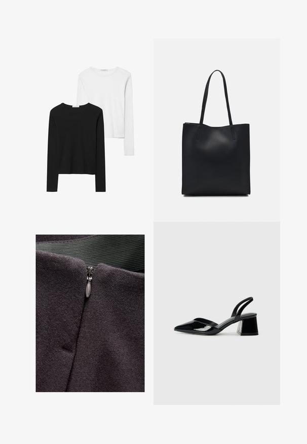 Černé a bílé trička s dlouhým rukávem, se zaoblenými výstřihy, měkkou tkaninou a přiléhavým designem se přímými lemy.; Detail zipu na tmavě šedé tkanině, s hladkým povrchem a kovovým táhlem zipu, nad nímž se nachází zelená tkaná páska.; Černé lakované kožené lodičky na pásku s špičatou špičkou a geometrickým blokovým podpatkem. Vyznačují se elegantním, minimalistickým designem a hladkým povrchem.; Černá kožená taška přes rameno s hladkým povrchem, obdélníkovým tvarem a dvěma dlouhými uchy. Žádné viditelné kování ani ozdoby.