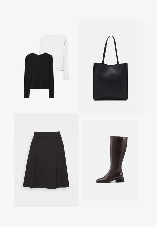 T-shirts à manches longues noir et blanc, avec des encolures rondes, un tissu doux et un design ajusté avec des ourlets droits.; Jupe noire évasée en tissu doux avec une texture lisse. Elle possède une large ceinture et arrive à mi-cuisse.; Bottes en cuir marron arrivant au genou avec une finition lisse, bout rond et un talon empilé noir. Design simple avec des détails matériels minimaux.; Sac fourre-tout en cuir noir avec une texture lisse, de forme rectangulaire et deux longues poignées. Pas de matériel ou d'ornementations visibles.