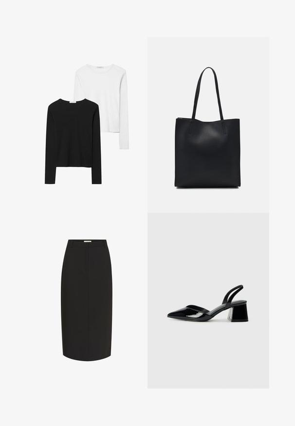Musta ja valkoinen pitkähihainen t-paita, jossa on pyöreät kaula-aukot, pehmeä kangas ja vartalonmyötäinen muotoilu suorin helmoin.; Musta kynähame, joka on valmistettu sileästä kankaasta. Se on hyvin istuva, polvipituinen ja siinä on etutaskut.; Mustat patentoitu nahkakengät, joissa on säären takaosa ja terävä kärki, sekä geometrinen palikkakorko. Sisältää tyylikkään, minimalistisen muotoilun ja sileän pinnan.; Mustapahkainen kangaskassi, jossa on sileä pinta, suorakaiteen muotoinen ja kaksi pitkää kahvaa. Ei näkyvää metalliosaa tai koristeita.