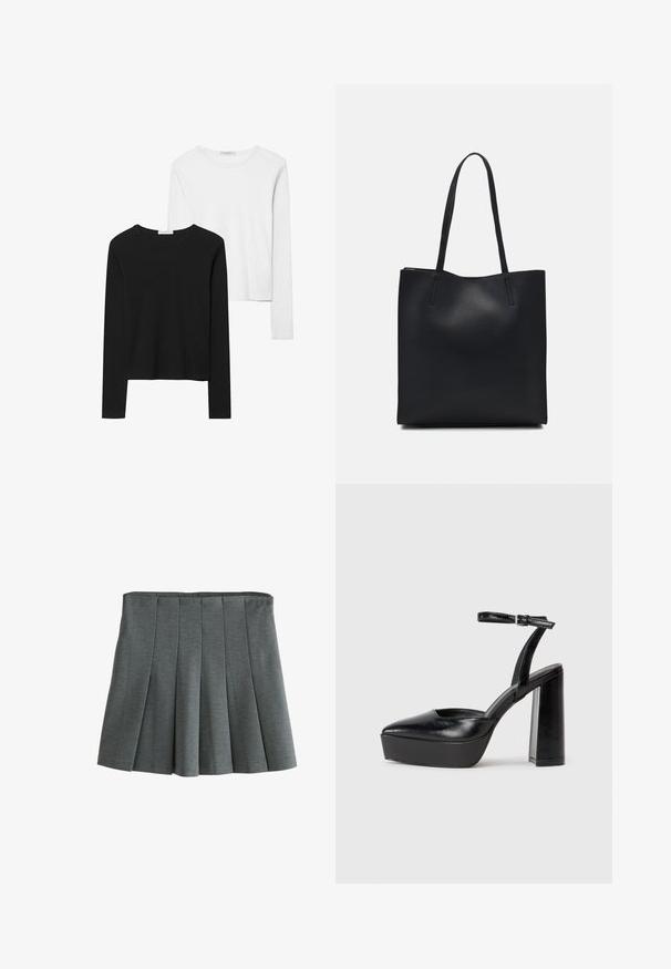 T-shirts à manches longues noir et blanc, avec des encolures rondes, un tissu doux et un design ajusté avec des ourlets droits.; Jupe grise plissée en tissu doux et texturé. Elle présente une taille ajustée et des plis superposés pour un meilleur mouvement.; Escarpins noirs à plateforme avec un bout pointu et une sangle réglable à la cheville. Conçus en cuir lisse, avec un large talon bloc.; Sac fourre-tout en cuir noir avec une texture lisse, de forme rectangulaire et deux longues poignées. Pas de matériel ou d'ornementations visibles.