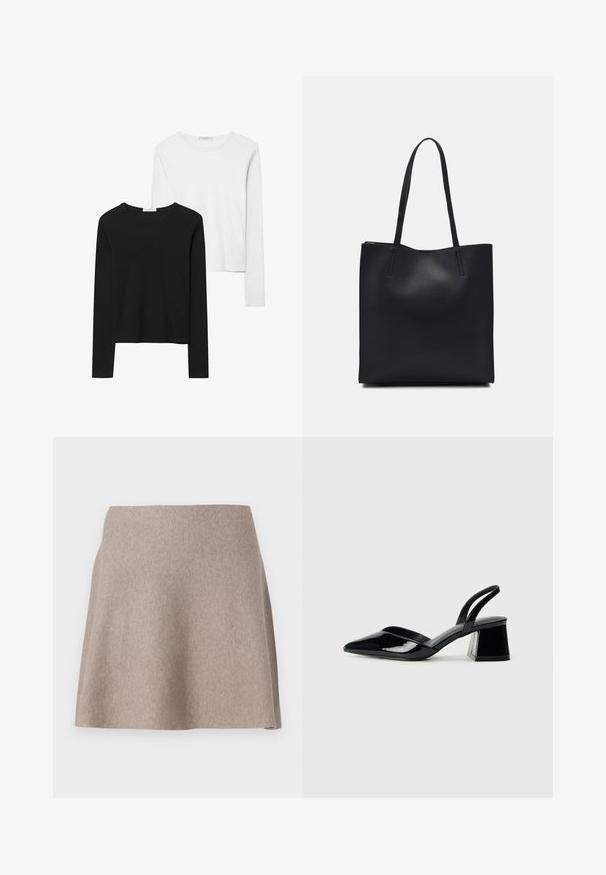 Čierne a biele tričká s dlhým rukávom, s okrúhlymi výstrihmi, jemnou tkaninou a priliehavým strihom so rovnými spodnými krajmi.; Béžová sukňa s rozšíreným strihom vyrobená z mäkkého materiálu s hladkou textúrou a čistým lemom. Jednoduchý dizajn bez viditeľných vzorov alebo ozdôb.; Čierne lakované kožené sandálové podpätky s špicatou špičkou a geometrickým blokovým podpätkom. Disponujú elegantným, minimalistickým dizajnom a hladkým povrchom.; Čierna kožená taška na rameno s hladkým povrchom, obdĺžnikovým tvarom a dvoma dlhými uchami. Bez viditeľného kovania alebo ozdôb.