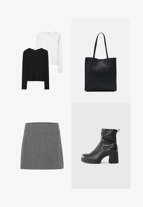 Čierne a biele tričká s dlhým rukávom, s okrúhlymi výstrihmi, jemnou tkaninou a priliehavým strihom so rovnými spodnými krajmi.; Sivá mini sukňa z plsti so striha priamym strihom a hladkou textúrou, s širokým pásom a bez viditeľných švov alebo ozdôb.; Čierne členkové topánky z hladkej kože, so bočným zipsom, robustnou textúrovanou pätnou časťou a zaobleným dizajnom špičky.; Čierna kožená taška na rameno s hladkým povrchom, obdĺžnikovým tvarom a dvoma dlhými uchami. Bez viditeľného kovania alebo ozdôb.