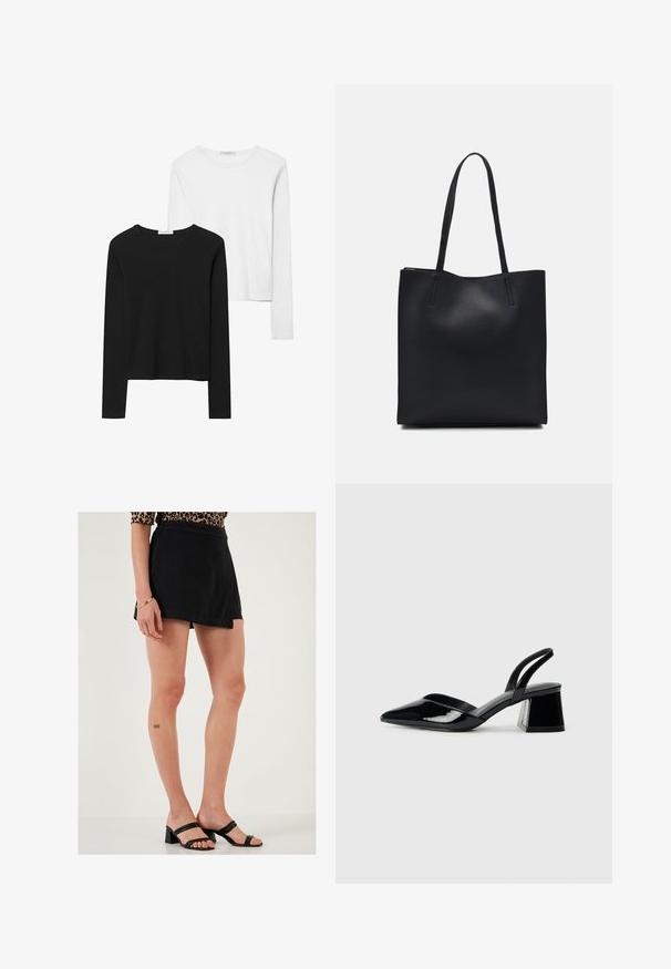 Svart- och vitfärgade långärmade t-shirts med rund halsringning, mjukt tyg och en åtsittande design med raka fållar.; LELA Shorts - black; Svarta lackläder slingback klackar med spetsig tå och geometrisk klack. Har en elegant, minimalistisk design och slät yta.; Svart lädertoffelväska med slät textur, rektangulär form och två långa handtag. Ingen synlig hårdvara eller dekorationer.