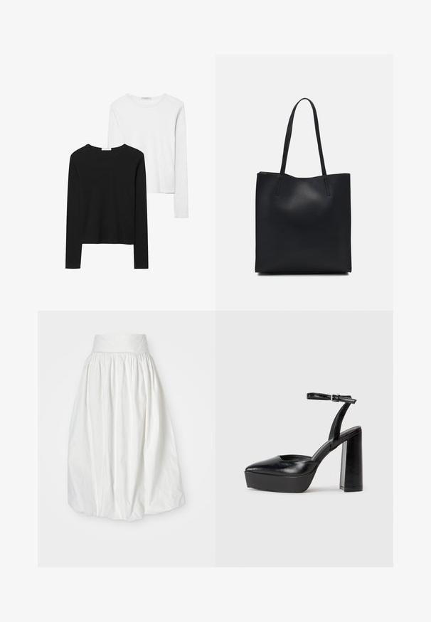 Čierne a biele tričká s dlhým rukávom, s okrúhlymi výstrihmi, jemnou tkaninou a priliehavým strihom so rovnými spodnými krajmi.; Biely midi sukňa vyrobená z ľahkej textílie, s vysokým, zberaným pásom a objemným, splývavým strihom s jemnou štruktúrou.; Čierne platformové podpätky so špicatou špičkou a nastaviteľným členkovým remienkom. Vyrobené z hladkej kože a so robustným blokovým podpätkom.; Čierna kožená taška na rameno s hladkým povrchom, obdĺžnikovým tvarom a dvoma dlhými uchami. Bez viditeľného kovania alebo ozdôb.