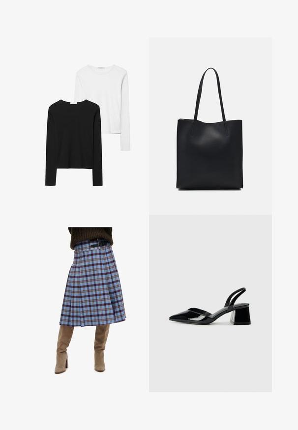 Zwart-witte t-shirts met lange mouwen, met ronde halslijnen, zachte stof en een aansluitend ontwerp met rechte zomen.; Grijs-blauw geruite rok met een geplooid ontwerp, voorzien van donkerbruine en gele accenten, gecombineerd met kniehoog beige suède laarzen.; Zwarte gepatineerde leren slingback hakken met een spitse neus en een geometrische blokhak. Kenmerkt zich door een slank, minimalistisch ontwerp en een gladde textuur.; Zwarte leren handtas met een gladde textuur, rechthoekige vorm en twee lange handvaten. Geen zichtbare hardware of versieringen.