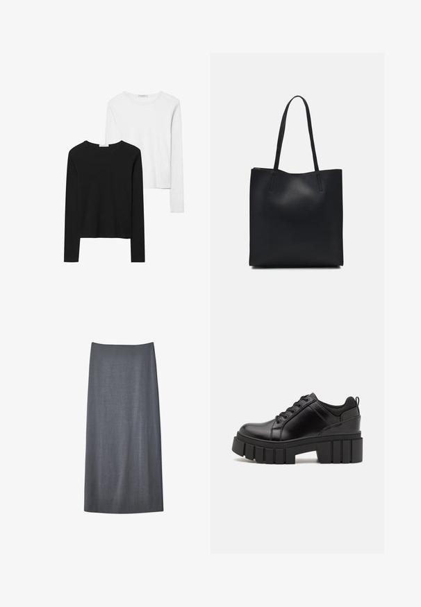 Čierne a biele tričká s dlhým rukávom, s okrúhlymi výstrihmi, jemnou tkaninou a priliehavým strihom so rovnými spodnými krajmi.; Hnedá rovná sukňa vyrobená z textúrovaného materiálu, s polodlhej konštrukciou, jasným a jednoduchým siluetovým dizajnom bez viditeľných zapínaní.; Čierne kožené platformy s masívnym blokovým podpätkom, okrúhlou špičkou a tradičným šnurovaním. Má hladký povrch a minimálne detaily.; Čierna kožená taška na rameno s hladkým povrchom, obdĺžnikovým tvarom a dvoma dlhými uchami. Bez viditeľného kovania alebo ozdôb.