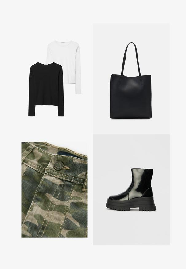Black and white long-sleeve t-shirts, featuring round necklines, soft fabric, and a fitted design with straight hems.; Camo-patterned fabric in shades of green and beige with visible stitching. Features a metal button at the waist, denim texture.; Black glossy ankle boot with thick lug sole and rounded toe, side view on plain light gray background.; Black leather tote bag with smooth texture, rectangular shape, and two long handles. No visible hardware or embellishments.