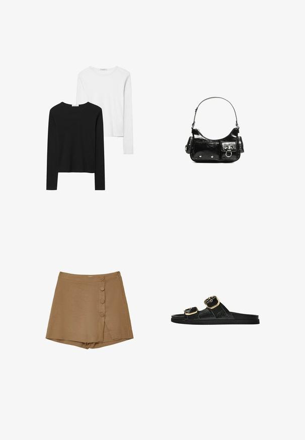 Magliette a maniche lunghe in bianco e nero, con collo rotondo, tessuto morbido e design aderente con orli dritti.; Gonna avvolgente marrone con quattro bottoni decorativi, realizzata in un tessuto texturizzato, con uno spacco laterale e una vita regolabile.; Infradito neri con due accenti di fibbia dorata, materiale dalla texture liscia, suola piatta e design minimalista.; Borsa a spalla in vernice nera con forma curvata, una tracolla, tasche frontali e dettagli in metallo argentato.