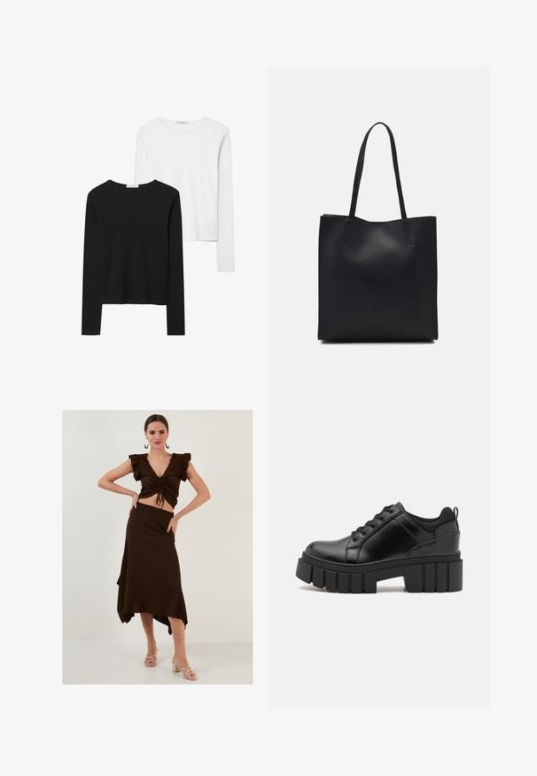 Musta ja valkoinen pitkähihainen t-paita, jossa on pyöreät kaula-aukot, pehmeä kangas ja vartalonmyötäinen muotoilu suorin helmoin.; Ruskea ribattua koordipuku, johon kuuluu lyhyt toppi, jossa on röyhelöhiha, ja korkeavyötäröinen epäsymmetrinen hame. sileä pinta, istuva muotoilu.; Mustat nahkakengät, joissa on lättihenkinen korko, pyöreä kärki ja perinteinen nauhakiinnitys. Ominaisuuksiin kuuluu sileä pintakuvio ja minimaalinen yksityiskohtaisuus.; Mustapahkainen kangaskassi, jossa on sileä pinta, suorakaiteen muotoinen ja kaksi pitkää kahvaa. Ei näkyvää metalliosaa tai koristeita.
