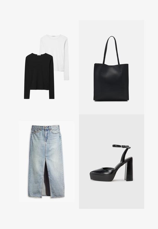 T-shirts à manches longues noir et blanc, avec des encolures rondes, un tissu doux et un design ajusté avec des ourlets droits.; Jupe en denim bleu clair avec fente avant, design à cinq poches et fermeture à bouton. Présente un tissu délavé et des accents d'ourlet brut.; Escarpins noirs à plateforme avec un bout pointu et une sangle réglable à la cheville. Conçus en cuir lisse, avec un large talon bloc.; Sac fourre-tout en cuir noir avec une texture lisse, de forme rectangulaire et deux longues poignées. Pas de matériel ou d'ornementations visibles.