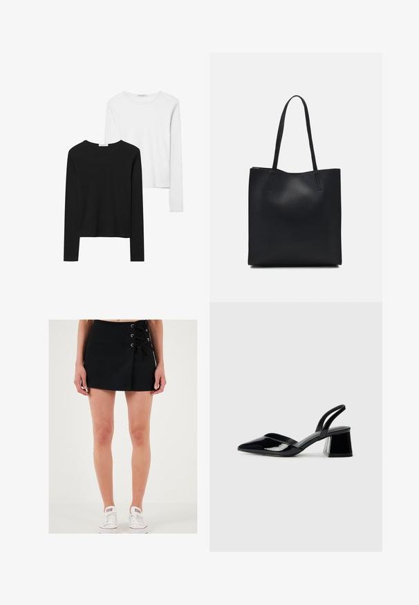 Schwarz-weiß gestreifte Langarmshirts mit Rundhalsausschnitten, weichem Stoff und einer taillierten Passform mit geraden Säumen.; LELA Shorts - black; Schwarze Lackleder-Slingback-High Heels mit spitzem Schuh und einem geometrischen Blockabsatz. Verfügt über ein schlankes, minimalistisches Design und eine glatte Textur.; Schwarze Laptoptasche aus Leder mit glatter Textur, rechteckiger Form und zwei langen Griffen. Keine sichtbaren Beschläge oder Verzierungen.