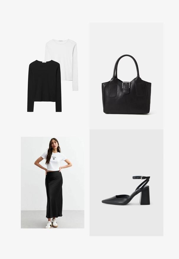 Magliette a maniche lunghe in bianco e nero, con collo rotondo, tessuto morbido e design aderente con orli dritti.; T-shirt bianco corto con stampa "PARIS", abbinato a una maxi gonna nera in seta. Il modello indossa sneakers bianche con dettagli beige e neri.; Pump in pelle nera con punta affusolata, cinturino alla caviglia e tacco spesso. Texture piatta, design elegante ed estetica minimalista.; Borsa tote in pelle nera con texture liscia, forma strutturata, due manici e un evidente dettaglio in fibbia argentata sul davanti.