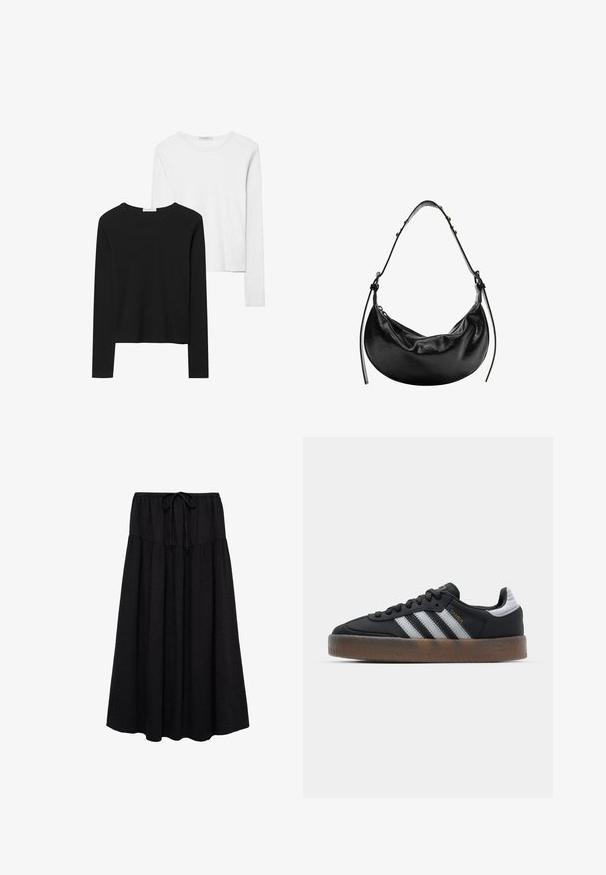 Sorte og hvide langærmede t-shirts med rund hals, blødt stof og en tætsiddende design med lige kant.; Sort midi-nederdel med elastisk talje og snor. Lavet af letvægtsstof med en tekstureret overflade og flydende form.; Sorte sneakers med et strømlinet design, med tre hvide striber, en sort tunge og en tekstureret brun gummisål. Accenter af guldskrift.; Sort læder håndtaske med en halvmåneform, glat overflade og justerbar rem, prydet med subtile hardwaredetaljer. Lynlåslukning synlig.
