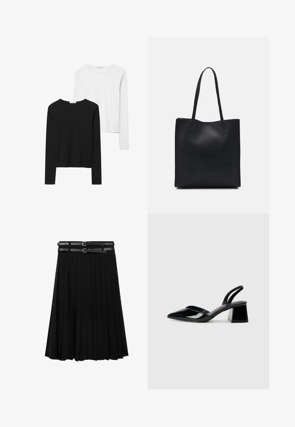 T-shirts à manches longues noir et blanc, avec des encolures rondes, un tissu doux et un design ajusté avec des ourlets droits.; Jupe plissée noire avec deux sangles en cuir et boucles en argent à la taille. Fabriquée à partir d'un tissu lisse et fluide.; Escarpins en cuir verni noir avec bout pointu et talon bloc géométrique. Présente un design élégant et minimaliste ainsi qu'une texture lisse.; Sac fourre-tout en cuir noir avec une texture lisse, de forme rectangulaire et deux longues poignées. Pas de matériel ou d'ornementations visibles.