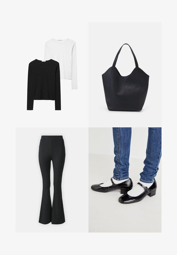 Črno-beli dolg rokav t-shirti z okroglimi izrezi, mehkim blagom in prilegajočim dizajnom z ravnimi robovi.; Črne razširjene hlače, narejene iz raztegljive tkanine. Imajo visok pas in gladek, oprijet dizajn, ki se razširi od kolena navzdol.; Črne lakaste Mary Jane čevlje s kvadratnim nosom, majhno peto, trakom okoli gležnja in belimi nogavicami, v kombinaciji s svetlo modrimi skinny jeans hlačami.; Črna torba v obliki tote iz gladke usnjene površine, ki ima ukrivljen odprt vrh z dvema naramnicama in minimalističnim dizajnom.