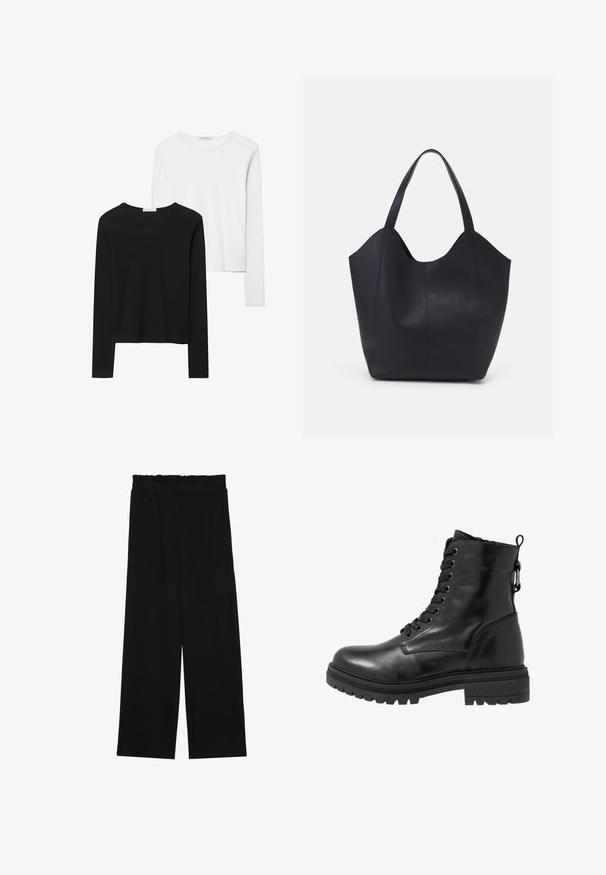Čierne a biele tričká s dlhým rukávom, s okrúhlymi výstrihmi, jemnou tkaninou a priliehavým strihom so rovnými spodnými krajmi.; Čierne široké nohavice s volánovým pásom, obsahujúce dve bočné vrecká a hladký, ľahký materiál. Žiadne viditeľné vzory ani kovové príslušenstvo.; Čierne kožené členkové topánky s okrúhlou špičkou, šnurovaním v prednej časti a textúrovanou gumovou podrážkou. Obsahujú poutko na zadnej strane a zosilnené švy.; Čierna taška s dlhým uchom vyrobená z hladkej kože, s oblým otvoreným vrchom a dvoma ramennými popruhmi, minimalistického dizajnu.