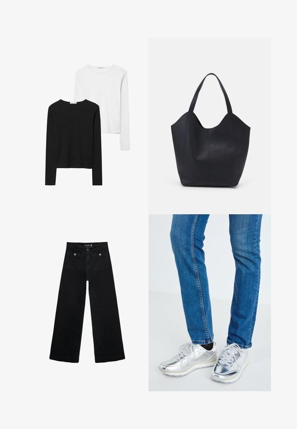 Crne i bijele majice dugih rukava, s okruglim izrezima, mekanim materijalom i uskim krojem sa ravnim rubovima.; Crne široke traperice s visokim strukom, koje imaju dva prednja džepa i metalne gumbe kao ukrase. Tkanina ima glatku teksturu.; Srebrni metalni tenisice s glatkom teksturom, okruglim vrhom i bijelim gumennim potplatima, u kombinaciji s uskim plavim trapericama s blagim šavovima.; Crna torba od glatke kože, s zakrivljenim otvorenim vrhom, dva remena za rame i minimalističkim dizajnom.