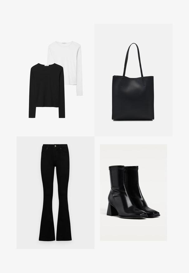 Černé a bílé trička s dlouhým rukávem, se zaoblenými výstřihy, měkkou tkaninou a přiléhavým designem se přímými lemy.; Černé vysoké džíny s knoflíkem a zipovým zapínáním, předními kapsami a rozšířenými nohavicemi, ležící na bílé podložce.; Černé kotníkové boty vyrobené z lesklé kůže, s podpatkem střední výšky, zipovým zapínáním a špičatou špičkou. Hladký povrch s minimálním šitím.; Černá kožená taška přes rameno s hladkým povrchem, obdélníkovým tvarem a dvěma dlouhými uchy. Žádné viditelné kování ani ozdoby.
