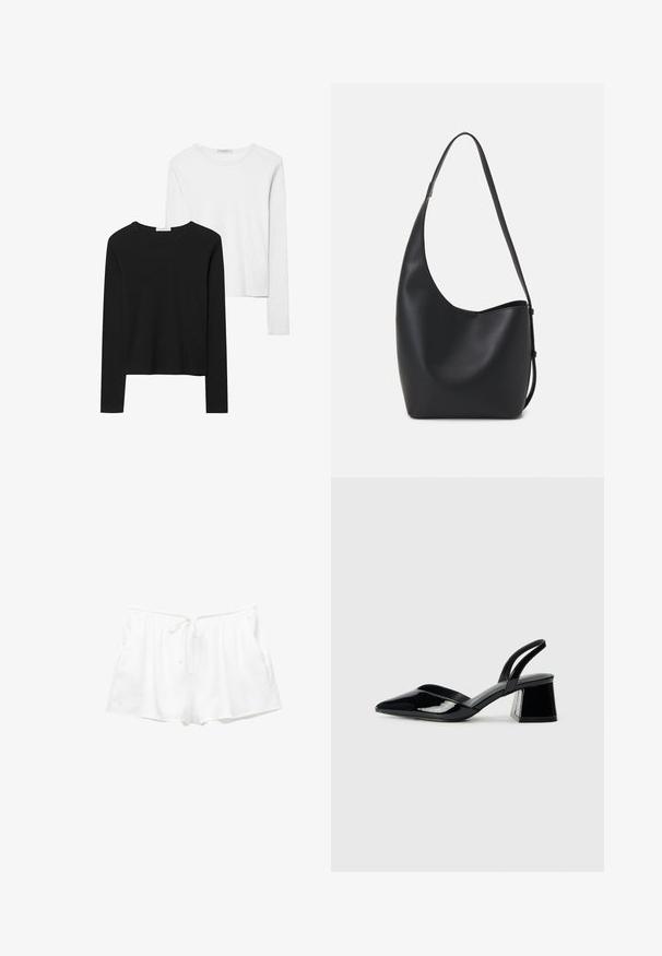Zwart-witte t-shirts met lange mouwen, met ronde halslijnen, zachte stof en een aansluitend ontwerp met rechte zomen.; Witte katoenen shorts met een elastische tailleband, verstelbaar trekkoord en zijzakken. Zachte textuur en eenvoudig ontwerp met een losse pasvorm.; Zwarte gepatineerde leren slingback hakken met een spitse neus en een geometrische blokhak. Kenmerkt zich door een slank, minimalistisch ontwerp en een gladde textuur.; Zwarte leren hobo tas met een gladde textuur, kromme vorm en een enkele verstelbare schouderband; heeft een brede opening aan de bovenkant.