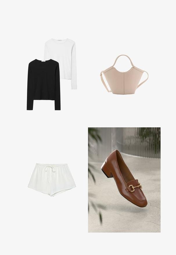 T-shirts à manches longues noir et blanc, avec des encolures rondes, un tissu doux et un design ajusté avec des ourlets droits.; Des shorts en coton blancs avec une taille à cordon, une coupe ample et une texture lisse. L'ourlet est droit, sans motifs ou accents supplémentaires.; Mocassin en cuir verni marron avec un bout carré, accent de chaîne métallique et petit talon carré ; texture lisse, design minimaliste.; Sac à main en cuir beige avec une forme unique, doté de deux poignées courtes et d'une longue sangle réglable. Texture lisse avec un minimum de matériel.