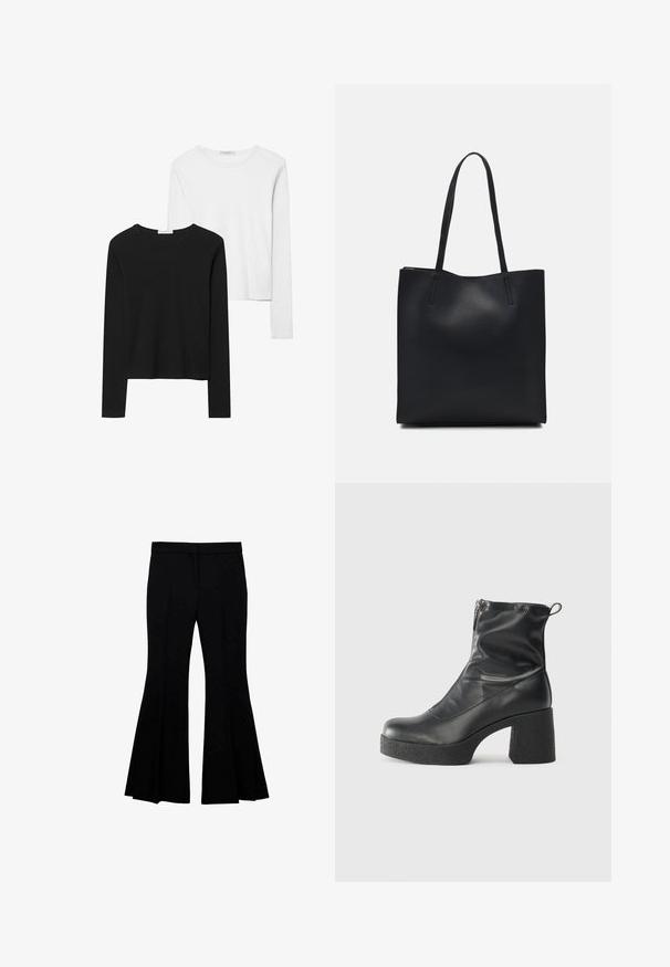 Sorte og hvide langærmede t-shirts med rund hals, blødt stof og en tætsiddende design med lige kant.; Sorte flared bukser i et glat stof, med en tætsiddende talje, brede benåbninger og diskret detaljering fra knæ til kant.; Sorte ankelstøvler lavet af glat læder, med en sidelukning, kraftig struktureret hæl og rundt tådesign.; Sort læder tote taske med glat tekstur, rektangulær form og to lange hanke. Ingen synlig hardware eller udsmykninger.