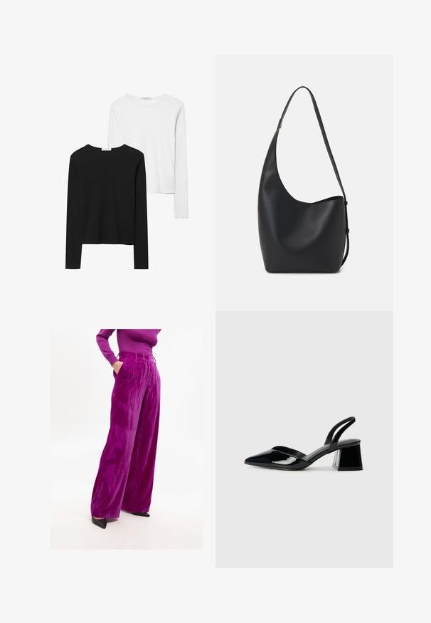 Musta ja valkoinen pitkähihainen t-paita, jossa on pyöreät kaula-aukot, pehmeä kangas ja vartalonmyötäinen muotoilu suorin helmoin.; Väriküllased lilla laiad püksid, mis on valmistatud tekstureeritud kangast, kõrge vöökohaga ja küljetaskutega, koos mustade teravate kingadega.; Mustat patentoitu nahkakengät, joissa on säären takaosa ja terävä kärki, sekä geometrinen palikkakorko. Sisältää tyylikkään, minimalistisen muotoilun ja sileän pinnan.; Musta nahkainen hobo-laukku, jossa on sileä pinta, kaareva muoto ja yksi säädettävä olkahihna; sisäänkäynti on leveä ylhäältä.