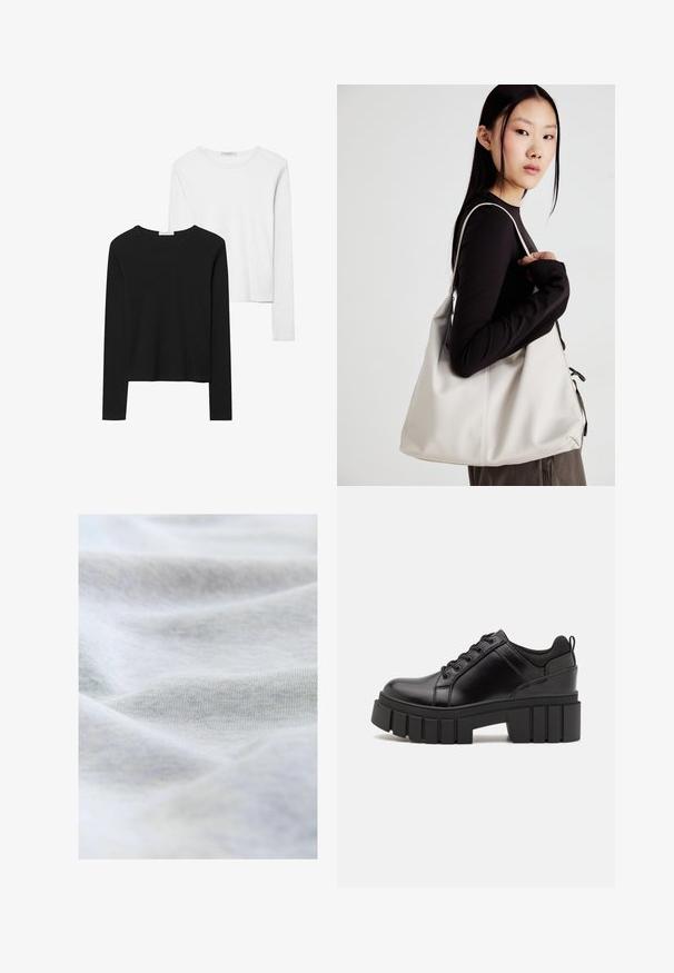 Sorte og hvide langærmede t-shirts med rund hals, blødt stof og en tætsiddende design med lige kant.; Blød, lys grå bomuldsstof med synlig fin strikstruktur og blide folder, der skaber subtile skygger.; Sorte læder platform sko med en klodset blokhæl, rund tå og traditionelt snøredesign. Har en glat tekstur og minimal detaljering.; Beige håndtaske lavet af blødt materiale med et slouchy design, stikninger og to skulderremme. Velegnet til daglig brug.