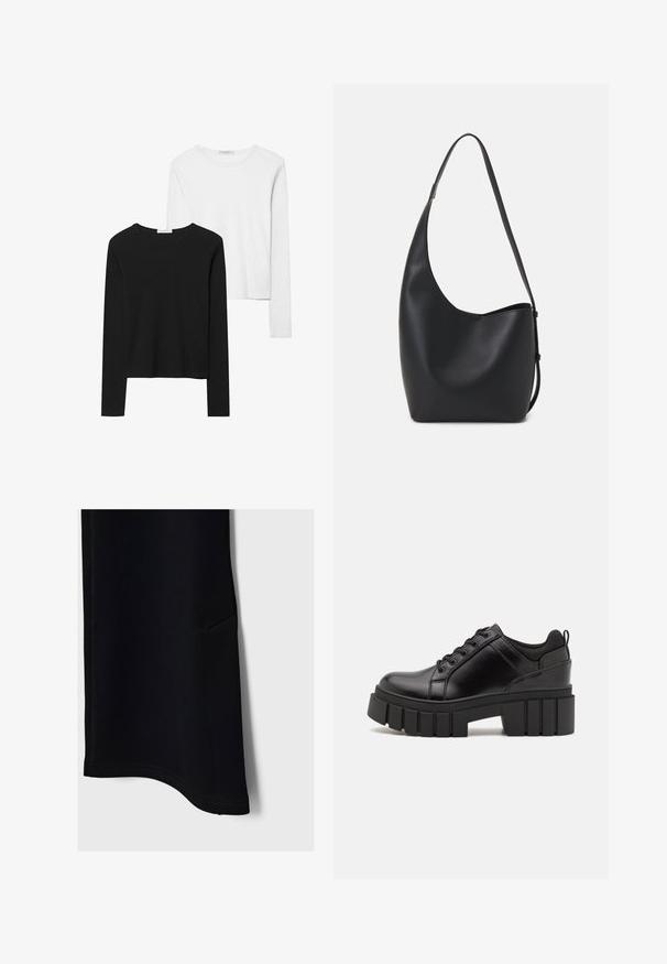 Černé a bílé trička s dlouhým rukávem, se zaoblenými výstřihy, měkkou tkaninou a přiléhavým designem se přímými lemy.; Černé sportovní kalhoty s hladkou texturou, zakřiveným lemem, boční kapsou a kontrastním šitím, navržené pro pohodlí a pohyblivost.; Černé kožené platformové boty s masivním blokovým podpatkem, kulatou špičkou a tradičním šněrováním. Mají hladký povrch a minimální detaily.; Černá kožená hobo taška s hladkým povrchem, zakřiveným tvarem a jedním nastavitelným popruhem; má široké otevírání nahoře.