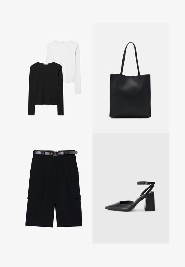 Čierne a biele tričká s dlhým rukávom, s okrúhlymi výstrihmi, jemnou tkaninou a priliehavým strihom so rovnými spodnými krajmi.; Čierne cargo šortky vyrobené z ľahkého materiálu, s rovnými nohavicami, bočnými vreckami a hnedým koženým opaskom so striebornou sponou.; Čierne kožené lodičky s špicatou špičkou a členkovým remienkom, s masívnym podpätkom. Hladký povrch, elegantný dizajn a minimalistická estetika.; Čierna kožená taška na rameno s hladkým povrchom, obdĺžnikovým tvarom a dvoma dlhými uchami. Bez viditeľného kovania alebo ozdôb.