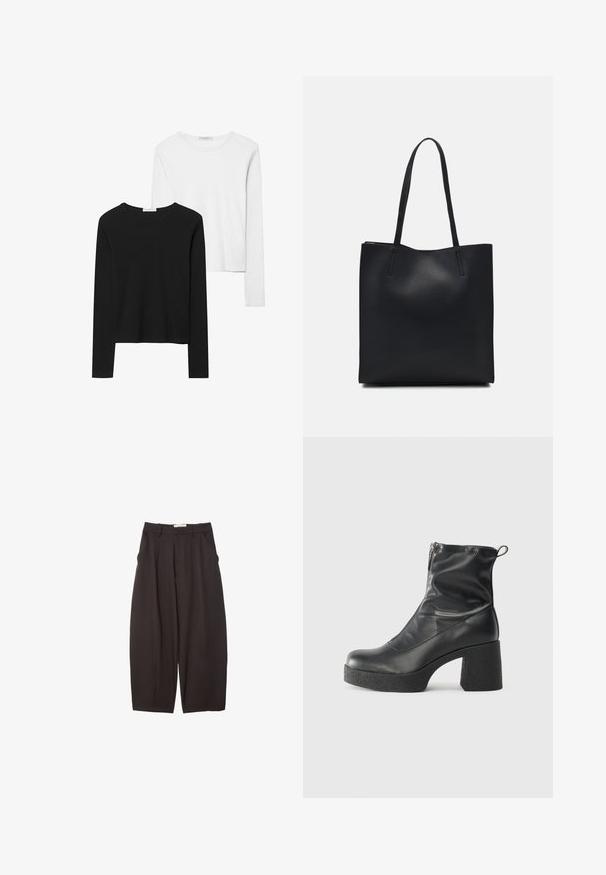 Crne i bijele majice dugih rukava, s okruglim izrezima, mekanim materijalom i uskim krojem sa ravnim rubovima.; Crne široke hlače napravljene od glatke tkanine, s visokim strukom, prednjim nabranjima i bočnim džepovima. Jednostavan dizajn bez ukrasa.; Crne gležnjače od glatke kože, s bočnim zatvaračem, debelim teksturiranim potplatom i dizajnom s zaobljenim prstima.; Crna kožna torba za nošenje s glatkom teksturom, pravokutnim oblikom i dvije duge ručke. Nema vidljivih metalnih dijelova ili ukrasa.