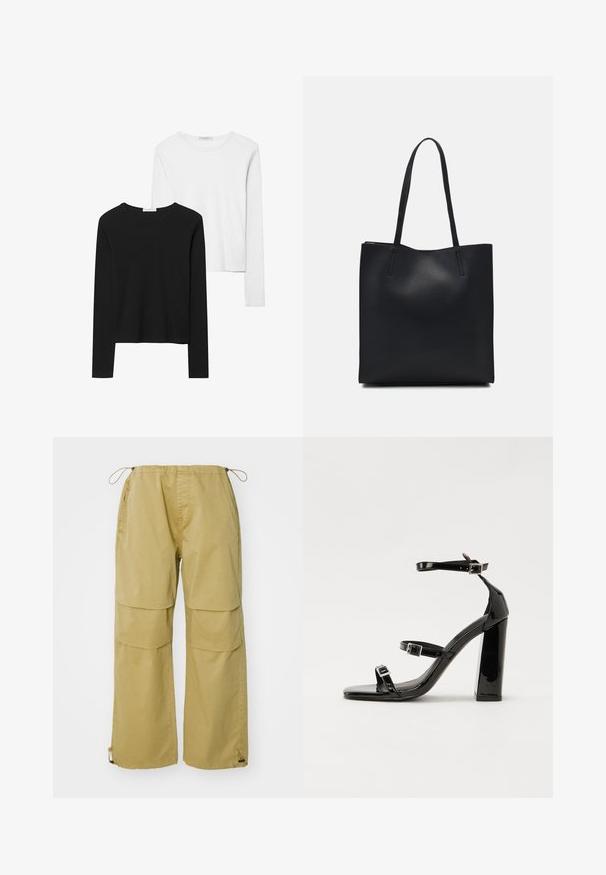 Črno-beli dolg rokav t-shirti z okroglimi izrezi, mehkim blagom in prilegajočim dizajnom z ravnimi robovi.; Khaške cargo hlače s širokimi nogavicami, elastičnim pasom, sprednjimi žepi in prilagodljivimi vraticami. Narejene iz lahkega materiala.; Črne lakirane sandale s peto, kvadratnim prstom, trakovi okrog gležnja in srebrnimi zaponkami. Opremljene so s stabilno Debelo peto.; Črna usnjena torba s svilnato teksturo, pravokotne oblike in dvema dolgima ročajema. Brez vidnih metalnih delov ali okrasnih elementov.