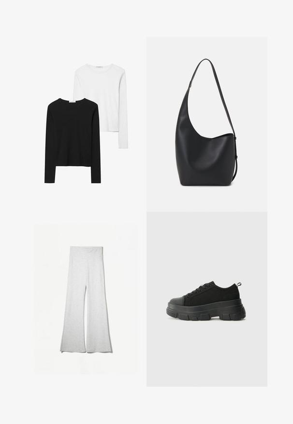 Black and white long-sleeve t-shirts, featuring round necklines, soft fabric, and a fitted design with straight hems.; Light gray wide-leg pants made from soft fabric, featuring a high waistband and side slits for added flow and comfort.; Black sneakers with a chunky rubber sole, textured fabric upper, round toe, and lace-up design. Features reinforced eyelets and back pull tab.; Black leather hobo bag with a smooth texture, curved shape, and single adjustable strap; features a wide opening at the top.