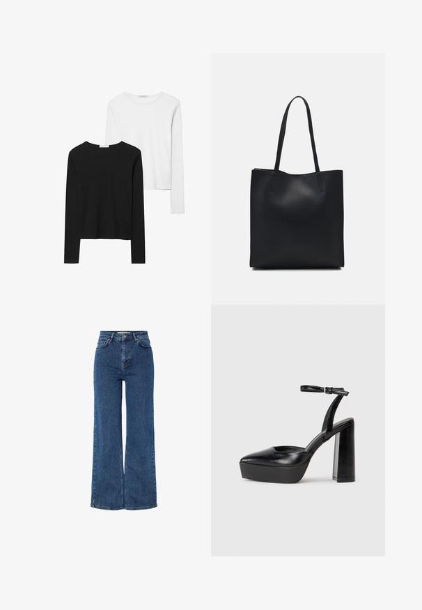 Črno-beli dolg rokav t-shirti z okroglimi izrezi, mehkim blagom in prilegajočim dizajnom z ravnimi robovi.; Modre kavbojke z visokim pasom in širokimi nogami, ki imajo tradicionalno zasnovo s petimi žepi, kovinsko zaponko in kontrastno šivanje.; Črne platforme z visokimi petami in koničastim nosom ter nastavljivim gležnjenjskim trakom. Narejene iz gladke usnje, s kockasto peto.; Črna usnjena torba s svilnato teksturo, pravokotne oblike in dvema dolgima ročajema. Brez vidnih metalnih delov ali okrasnih elementov.