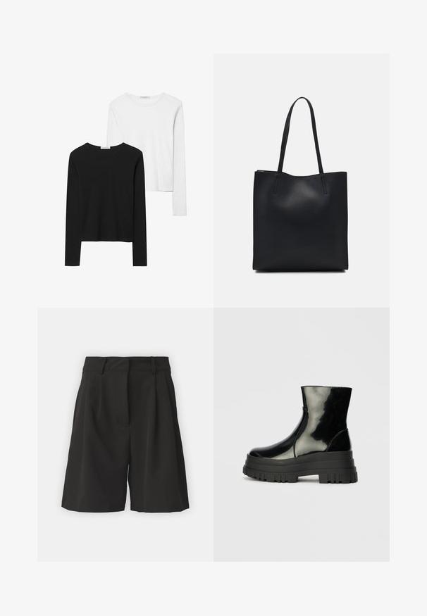 Musta ja valkoinen pitkähihainen t-paita, jossa on pyöreät kaula-aukot, pehmeä kangas ja vartalonmyötäinen muotoilu suorin helmoin.; Mustat housut räätälöidyllä muotoilulla, jossa on laskokset edessä, leveä vyötärönauha ja sileä pinta. Ei näkyviä taskuja.; Musta kiiltävä nilkkuri paksulla karkealla pohjalla ja pyöristetyllä kärjellä, sivukuva vaaleanharmaalla yksinkertaisella taustalla.; Mustapahkainen kangaskassi, jossa on sileä pinta, suorakaiteen muotoinen ja kaksi pitkää kahvaa. Ei näkyvää metalliosaa tai koristeita.