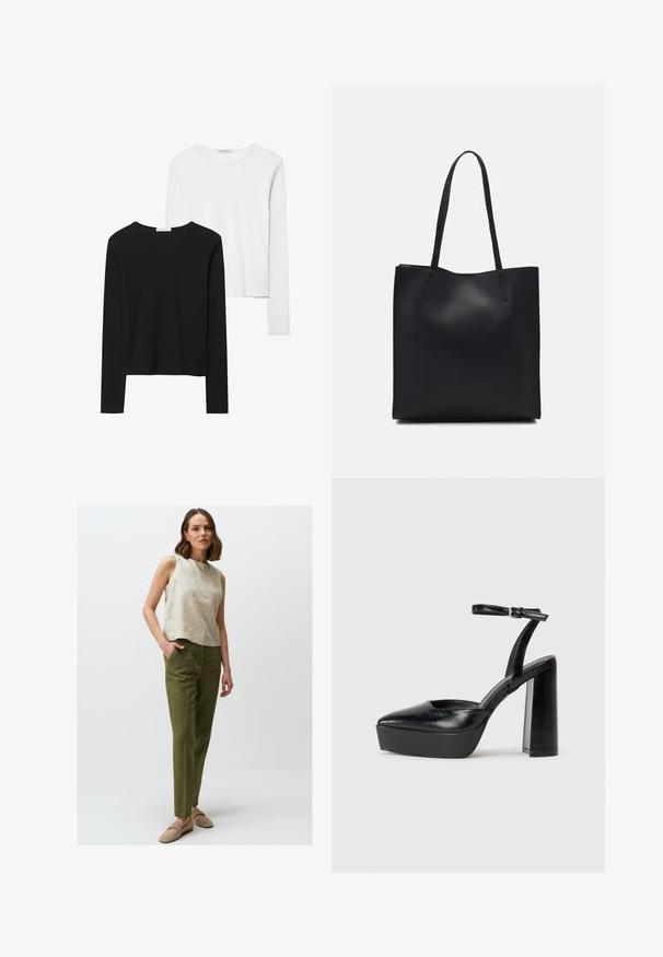 Schwarz-weiß gestreifte Langarmshirts mit Rundhalsausschnitten, weichem Stoff und einer taillierten Passform mit geraden Säumen.; Beige Leinen-Hemdtopp ohne Ärmel mit rundem Ausschnitt, kombiniert mit grünen, geraden Hosen. Das Model trägt hellbeige Slipper.; Schwarze Plateau-High Heels mit spitzem Zeh und verstellbarem Knöchelriemen. Gefertigt aus glattem Leder und mit einem klobigen Blockabsatz.; Schwarze Laptoptasche aus Leder mit glatter Textur, rechteckiger Form und zwei langen Griffen. Keine sichtbaren Beschläge oder Verzierungen.