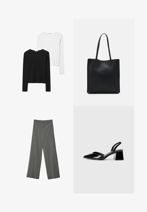 Crne i bijele majice dugih rukava, s okruglim izrezima, mekanim materijalom i uskim krojem sa ravnim rubovima.; Sive široke hlače od teksturiranog materijala, s prednjim pregibom i dva džepa, te s jednim prednjim zatvaračem na dugme.; Crne lakirane kožne sandale s otvorenom petom i špicastim vrhom, s geometrijskom blok petom. Imaju elegantan, minimalistički dizajn i glatku teksturu.; Crna kožna torba za nošenje s glatkom teksturom, pravokutnim oblikom i dvije duge ručke. Nema vidljivih metalnih dijelova ili ukrasa.