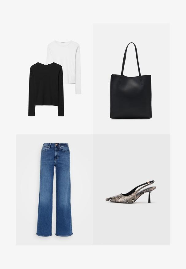 Czarno-białe koszulki z długim rękawem, z okrągłymi dekoltami, z miękkiego materiału, o dopasowanym kroju i prostych zakończeniach.; Niebieskie dżinsy o szerokich nogawkach wykonane z denimu, z wysokim stanem, pięcioma kieszeniami i zapięciem na guzik. Widoczne subtelne przetarcia i detale szwów.; Sandały złote z odkrytym palcem, wykonane z teksturowanego materiału w wężowy wzór, z cienkim czarnym obcasem i wycięciami po bokach.; Czarna skórzana torba tote o gładkiej fakturze, prostokątnym kształcie i dwóch długich uchwytach. Brak widocznych elementów metalowych i ozdób.