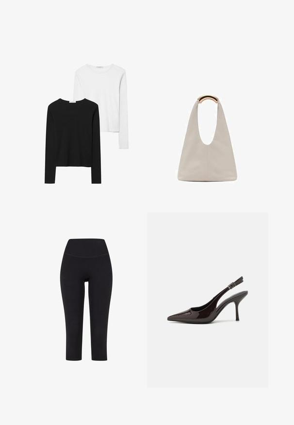 Crne i bijele majice dugih rukava, s okruglim izrezima, mekanim materijalom i uskim krojem sa ravnim rubovima.; Crne legging hlače do tri četvrtine dužine, izrađene od rastezljivog materijala, s visokim strukom i bez vidljivih uzoraka ili metalnih dijelova.; Sandalice na visokom potpetici od sjajnog tamnosmeđeg lakiranog kože, s oštrim vrhom, otvorenim stranama i podesivom naramenicom.; Svijetlosivi kožni torba s oblikom u slovo U i zakrivljenim metalnim drškom. Glatka tekstura s minimalnim šavovima i bez vidljivih uzoraka.