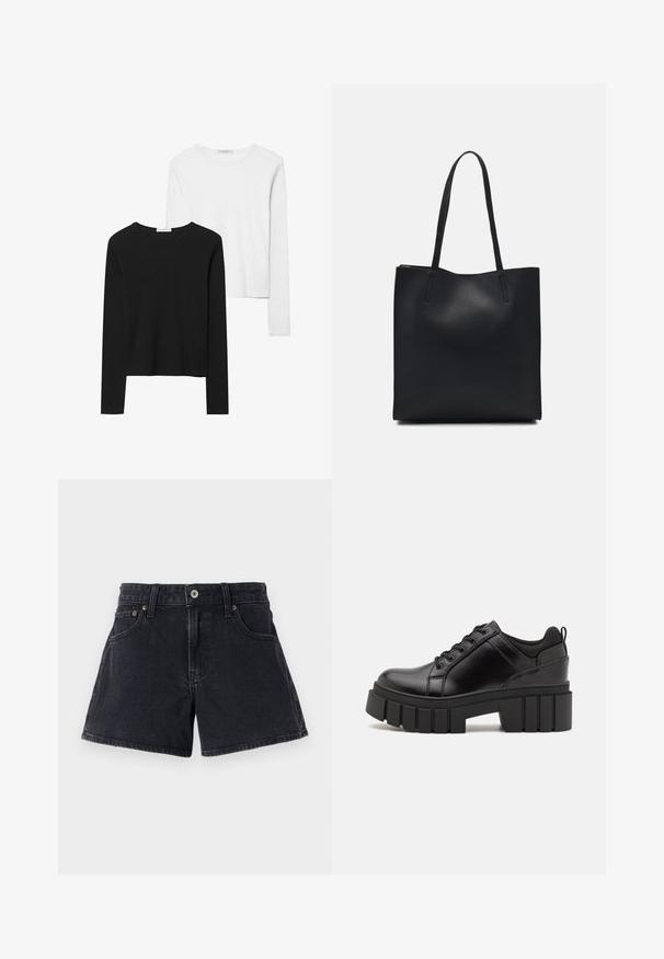 Črno-beli dolg rokav t-shirti z okroglimi izrezi, mehkim blagom in prilegajočim dizajnom z ravnimi robovi.; Črne denim kratke hlače klasičnega kroja, s petimi žepi, kovinskim gumbom za zapiranje in tonom povezanimi šivi. Tkanina ima rahlo teksturiran zaključek.; Črne usnjene platforme z debelim blokastim petam, okroglo konico in klasičnim vezanjem. Imajo gladko teksturo in minimalne podrobnosti.; Črna usnjena torba s svilnato teksturo, pravokotne oblike in dvema dolgima ročajema. Brez vidnih metalnih delov ali okrasnih elementov.